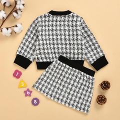 Girls Fashion Long Sleeve Rib Knit Houndstooth Coat And Skirt Set