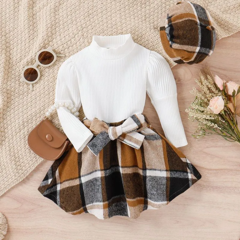 Kids Toddler Girls Fashion Casual Solid Color Stripe Long Sleeve Round Neck T-Shirt Plaid Short Skirt Sets