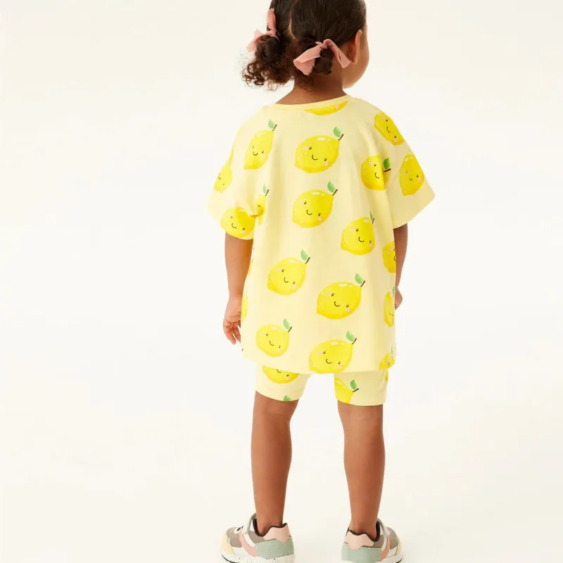 Children Kids Baby Fashion Girls Casual Basic Short Sleeve Lemon Print T-Shirt And Shorts 2pcs Set