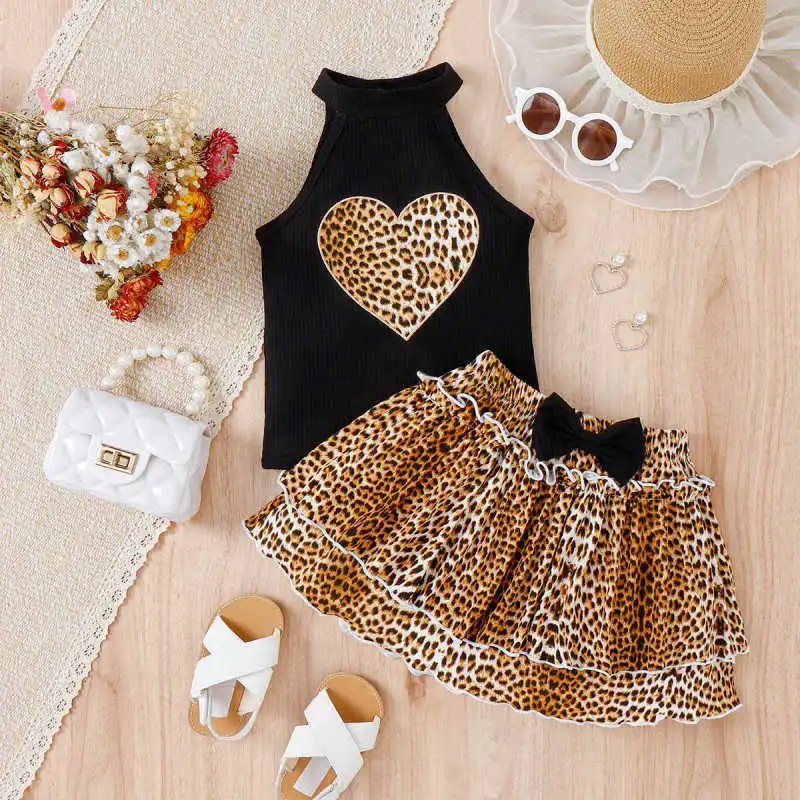 ids Toddler Girls Fashion Casual Leopard Heart-Shaped Pattern Sleeveless O Neck Vest Bow Skirt Sets