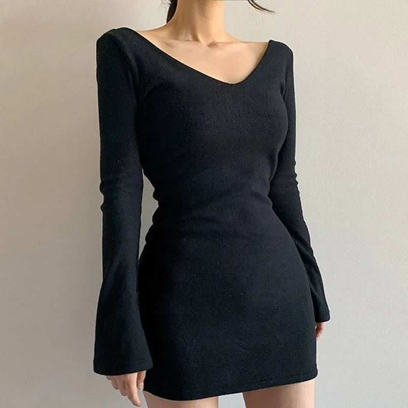 Women Casual Solid Color Long Sleeve V Neck Bodycon Dress