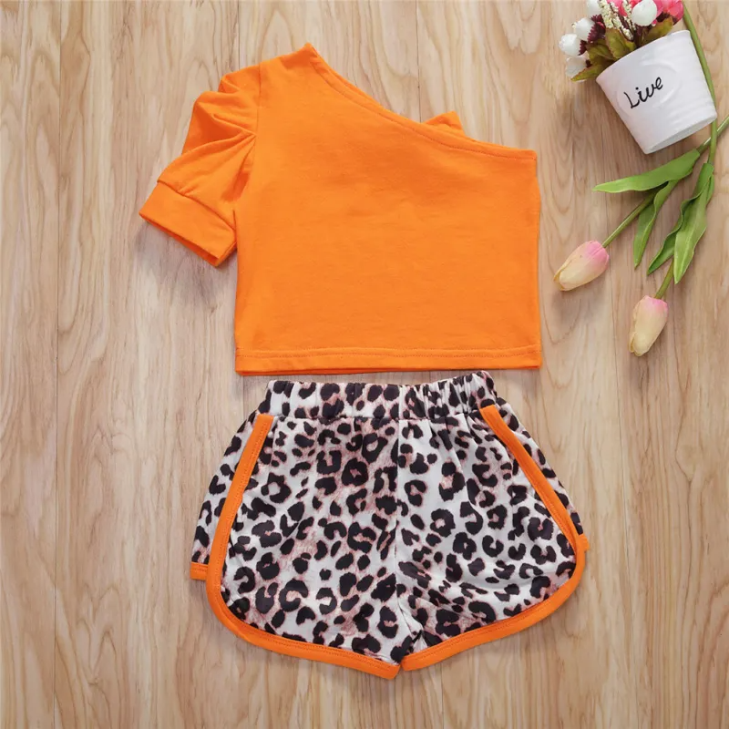 2pcs/Set Girl One-Shoulder Short Sleeve Leopard Shorts Set