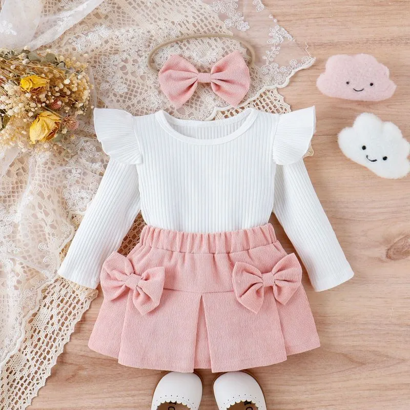 Kids Baby Toddler Girls Fashion Casual Solid Color Stripe Long Sleeve Round Neck T-Shirt Bow Skirt Sets