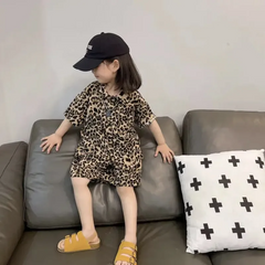 Children Kids Baby Fashion Boys Girls Short Sleeve Leopard Shirt And Shorts 2pcs Set