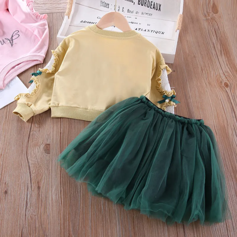 Children Kids Baby Fashion Girls Casual Long Sleeve Letter Embroidered Pearl Top And Mesh Skirt 2pcs Set