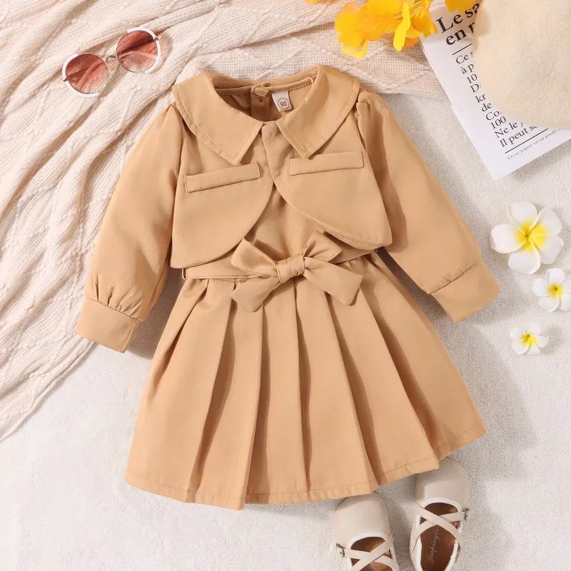 Kids Toddler Girls Fashion Casual Solid Color Sleeveless V Neck Pleated Dress Long Sleeve Lapel Coat Sets