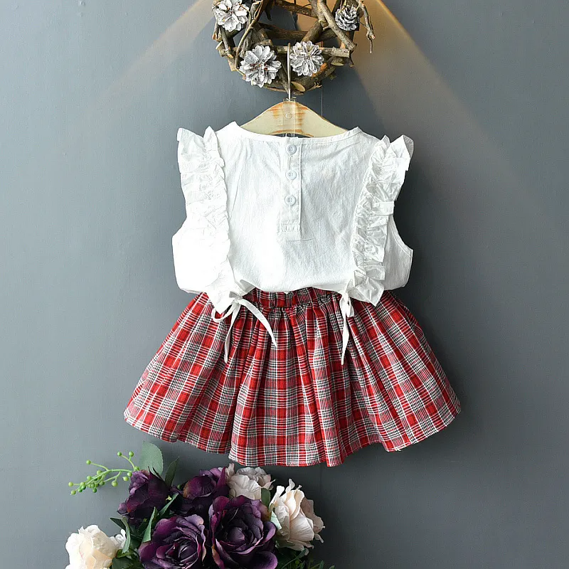 Children Kids Baby Fashion Girls Casual Ruffle Sleeve Sweet Top And Plaid Skirt 2pcs Set