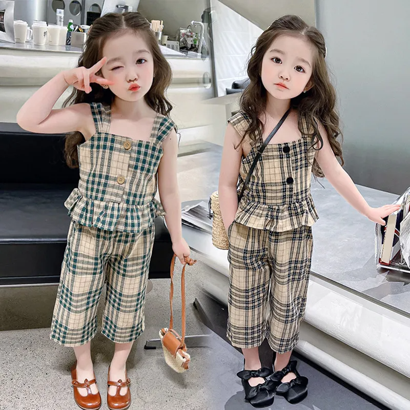 Children Kids Baby Fashion Girls Sleeveless Plaid Print Suspenders Tops And Pants 2pcs Set