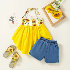 Children Kids Baby Fashion Girls Sunflower Sleeveless Suspenders Top And Denim Shorts 2pcs Set