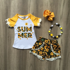 Children Kids Baby Fashion Girls Short Sleeve Letter Print Lace T-Shirt And Flower Print Shorts 2pc Set