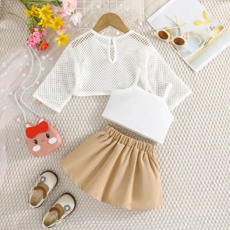 Kids Toddler Girls Summer Casual Cute Solid Color Mesh Long Sleeve Top Camisole Skirt 3-Piece Set