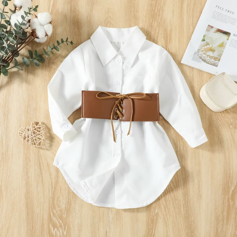 Children Kids Toddler Girls Solid Color Lapel White Dresss And Belt 2pcs Set