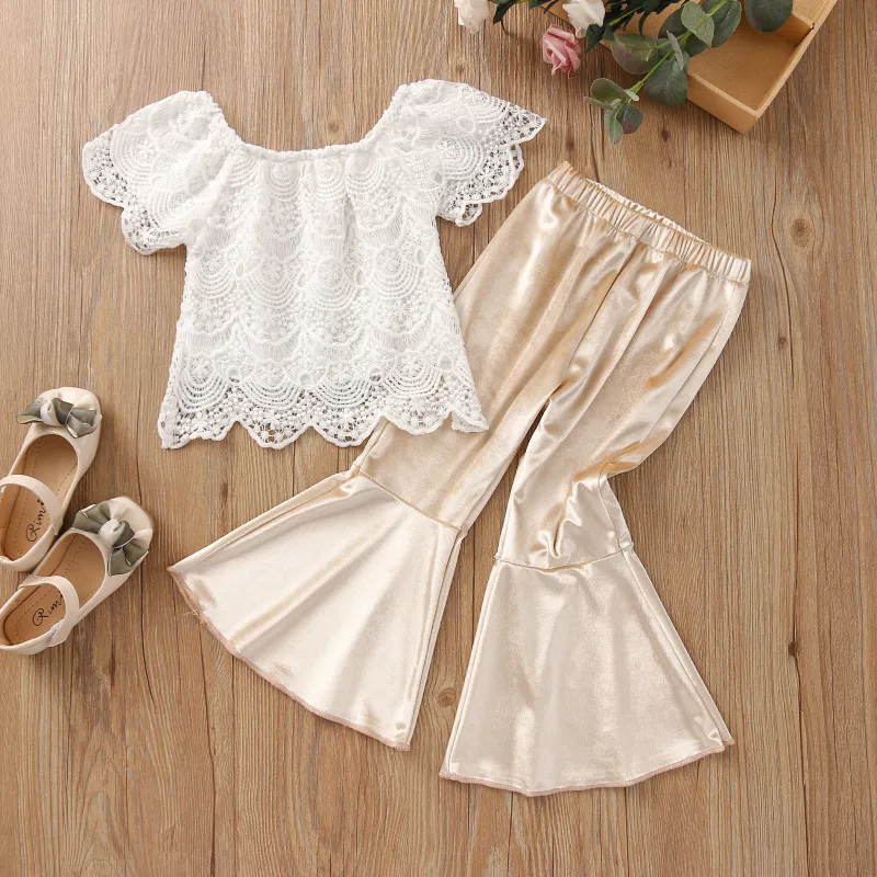 Children Kids Baby Fashion Girls Short Sleeve Flower Lace Top And Flared Pants 2pc Set