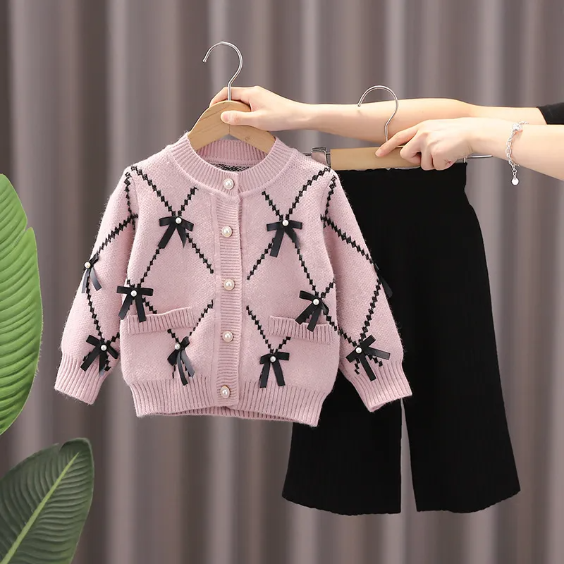 Kids Toddler Girls Autumn Winter Fashion Casual Simple Color Bow Button Round Neck Sweater Pants Set