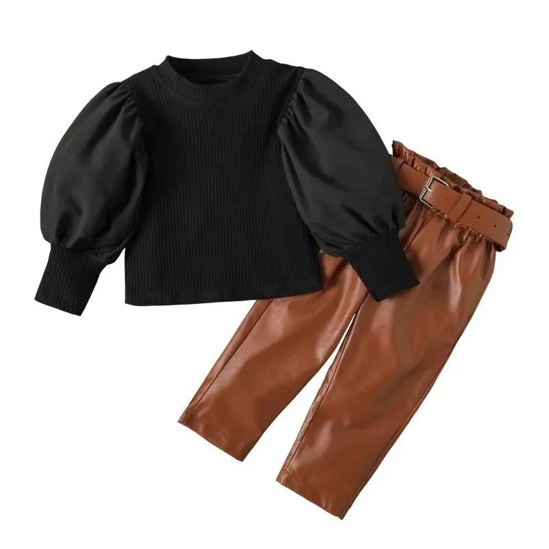 Children Kids Baby Fashion Girls Long Sleeve Solid Color Top And Pu Leather Pants 2pcs Set