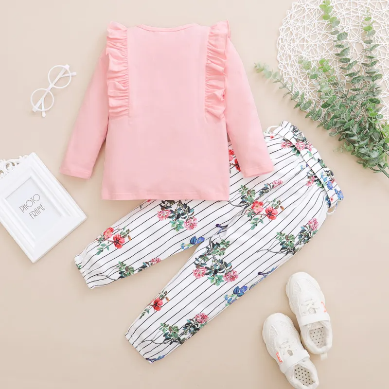 Children Kids Toddlers Fashion Girls Long Sleeve Solid Color Top And Flower Print Pants 2pcs Set