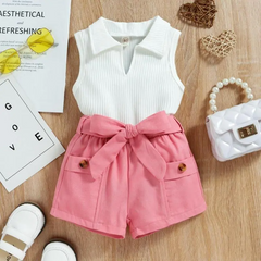 Kids Toddler Girls Casual Cute Solid Color Stripe Sleeveless Lapel T-Shirt Shorts Set