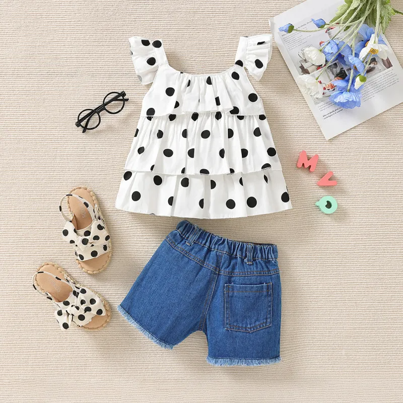 Children Kids Baby Fashion Girls Ruffle Sleeve Polka Dot Top And Denim Shorts 2pcs Set