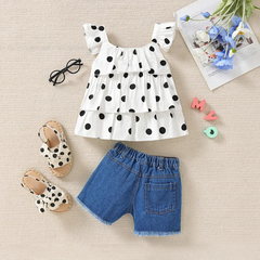 Children Kids Baby Fashion Girls Ruffle Sleeve Polka Dot Top And Denim Shorts 2pcs Set