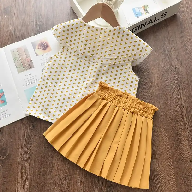 Girls Sleeveless Heart Pattern Lapel Design Tops And Skirt Set