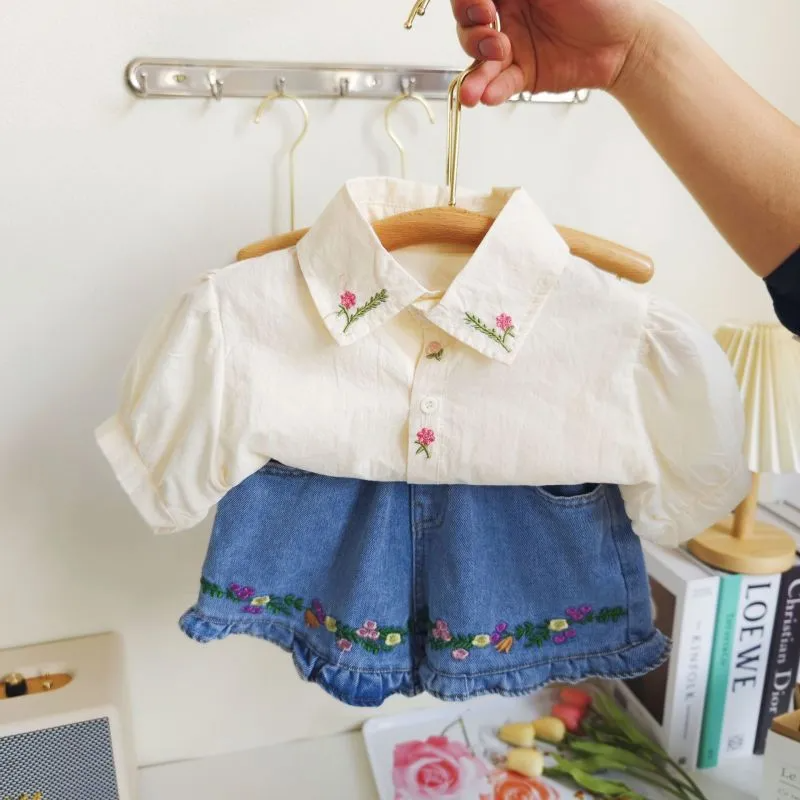 Children Kids Baby Fashion Girls Casual Short Sleeve Flower Embroidery Blouse And Denim Shorts 2pcs Set