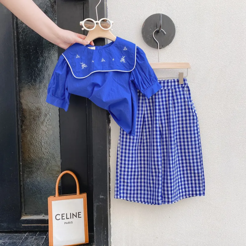 Children Kids Baby Fashion Girls Casual Short Sleeve Cute Top And Plaid Print Pants 2pcs Set