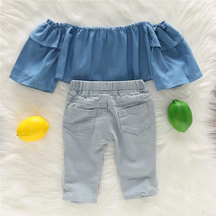 Kids Off-The-Shoulder Denim Top And Hole Fishnet Design Jeans Suit