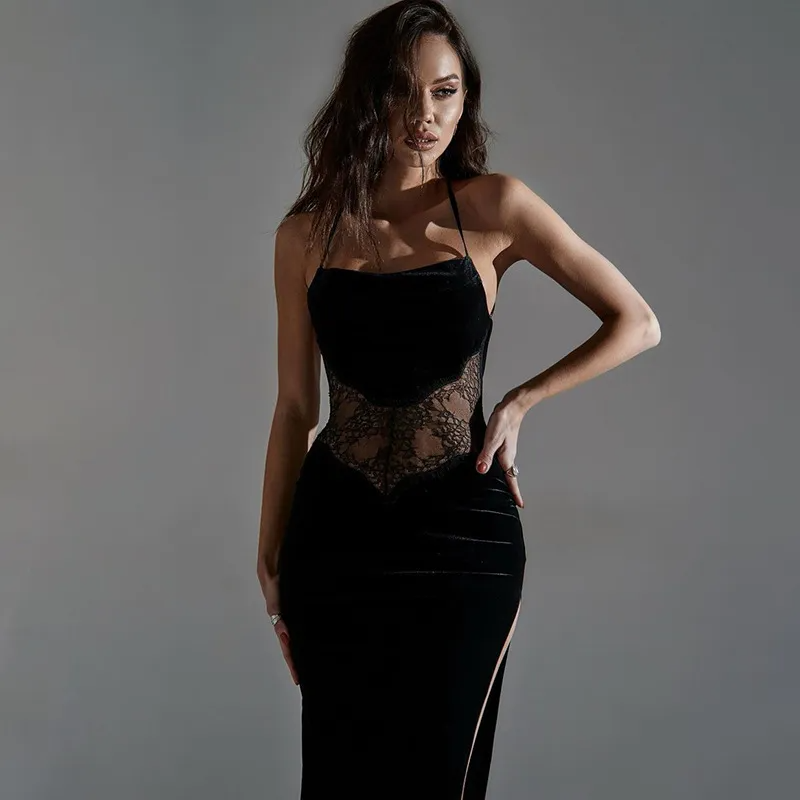 Autumn Women Sexy Lace Suede Patchwork Side Slit Maxi Strap Backless Halter Dress