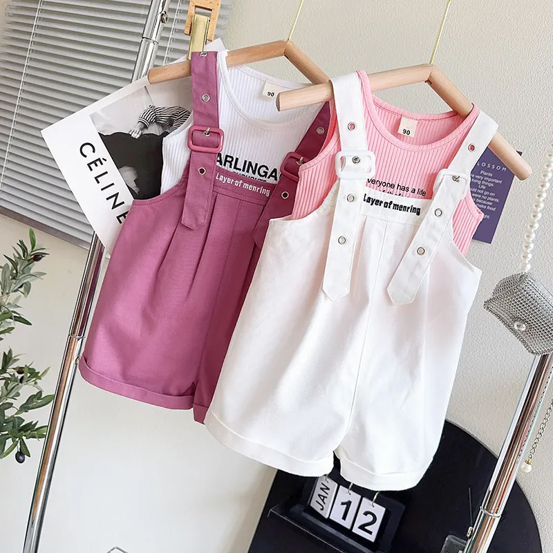 Children Kids Baby Fashion Girls Casual Sleeveless Letter Print Top And Overalls 2pcs Set