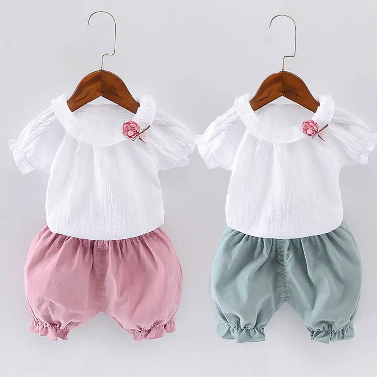 Children Kids Baby Fashion Girls Casual Basic Short Sleeve Flower T-Shirt And Shorts 2pcs Set