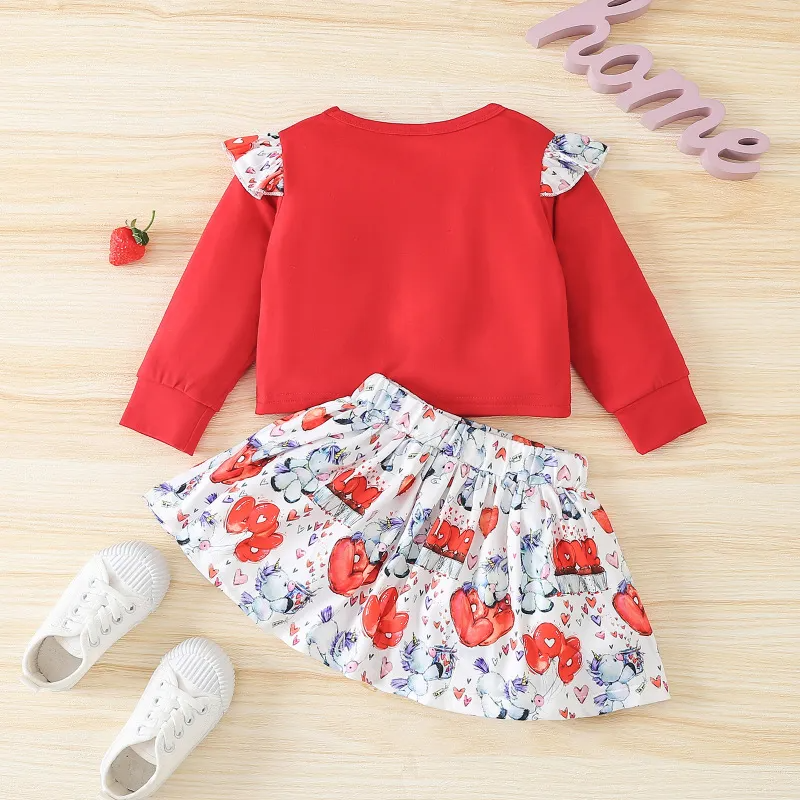 Kids Toddler Girls Casual Cute Sweet Letter Heart Print Long Sleeve Round Neck Sweatshirts Skirt Set