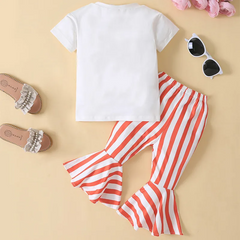 Kids Toddler Girls Summer Fashion Casual Cotton Letter Color Matching Round Neck T-Shirt Stripe Flare Trousers Set