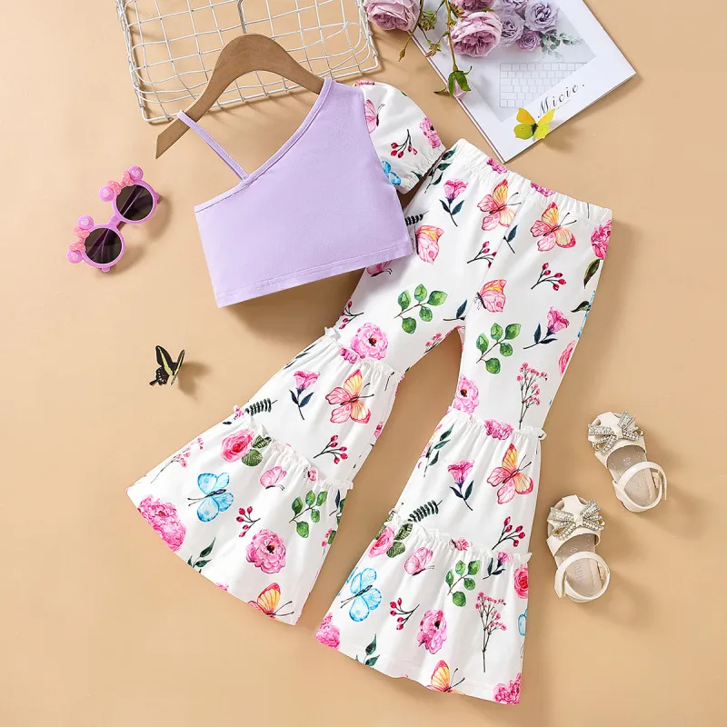 Children Kids Baby Fashion Girls Butterfly Flower One-Shoulder Suspender Top And Flared Pants 2pcs Set