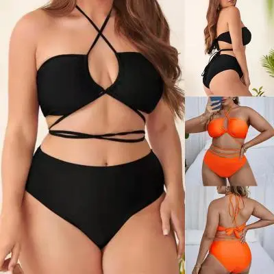 ashion Summer Vacation Women Plus Size Solid Color Split Halter Bikini Swimsuit