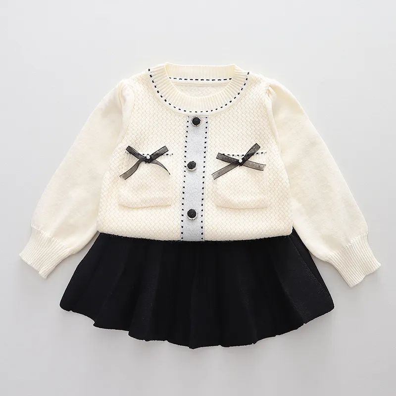 Kids Toddler Girls Autumn Winter Fashion Casual Simple Solid Color Bow Round Neck Sweater Pleated Skirt Set