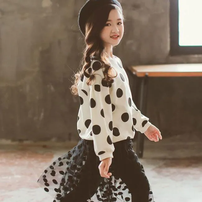 2 Pcs Set Junior Girl Black Dot Print Tops And Patchwork Pants