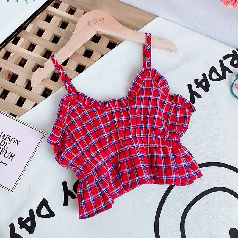 Girls Fashion Plaid Slip Tops And Skirt Set