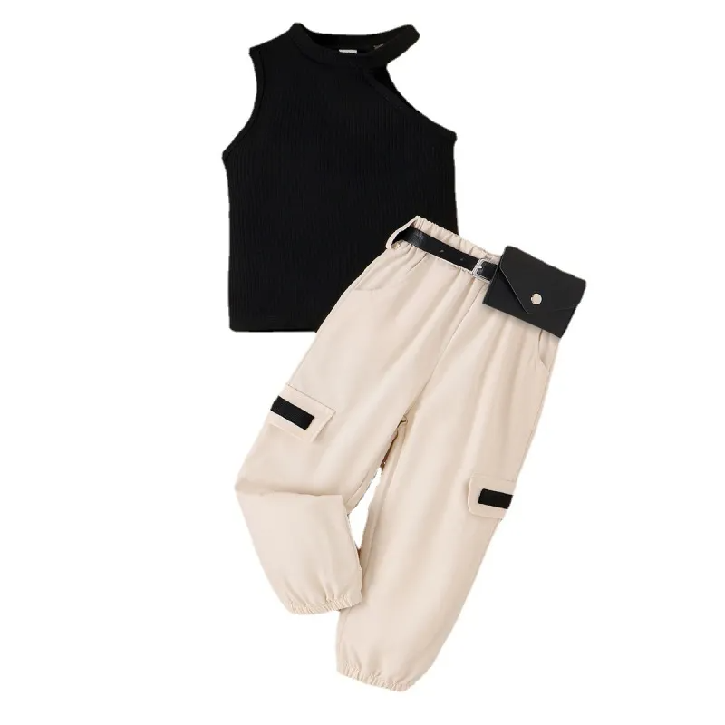 Children Kids Baby Fashion Girls Sleeveless Solid Color Suspender Top And Pockets Pants 2pcs Set