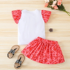 Kids Toddler Girls Casual Cute Sweet Letter Heart Print Short Sleeve Round Neck T-Shirt Skirt Set