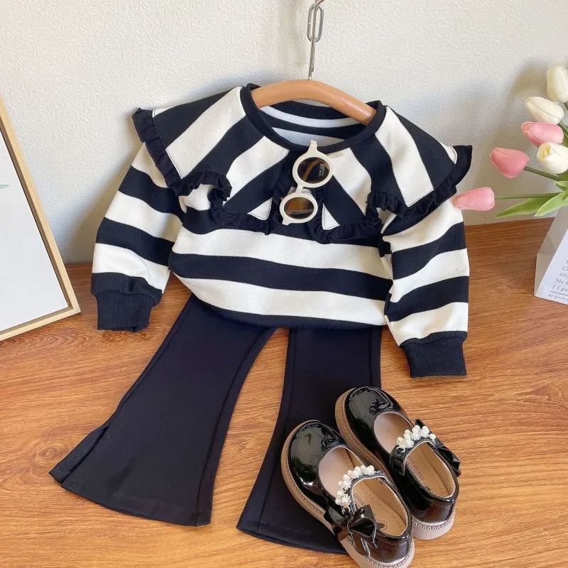 Children Kids Toddlers Girls Long-Sleeved Stripes Top And Flared Pants 2pcs Set