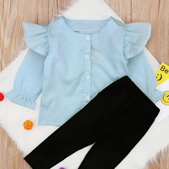 2 Pcs Set Girls Round Neck Flare Sleeves Blouse And Black Pants