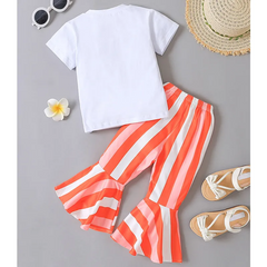 Kids Toddler Girls Summer Fashion Casual Sweet Cotton Letter Round Neck T-Shirt Stripe Flare Trousers Set