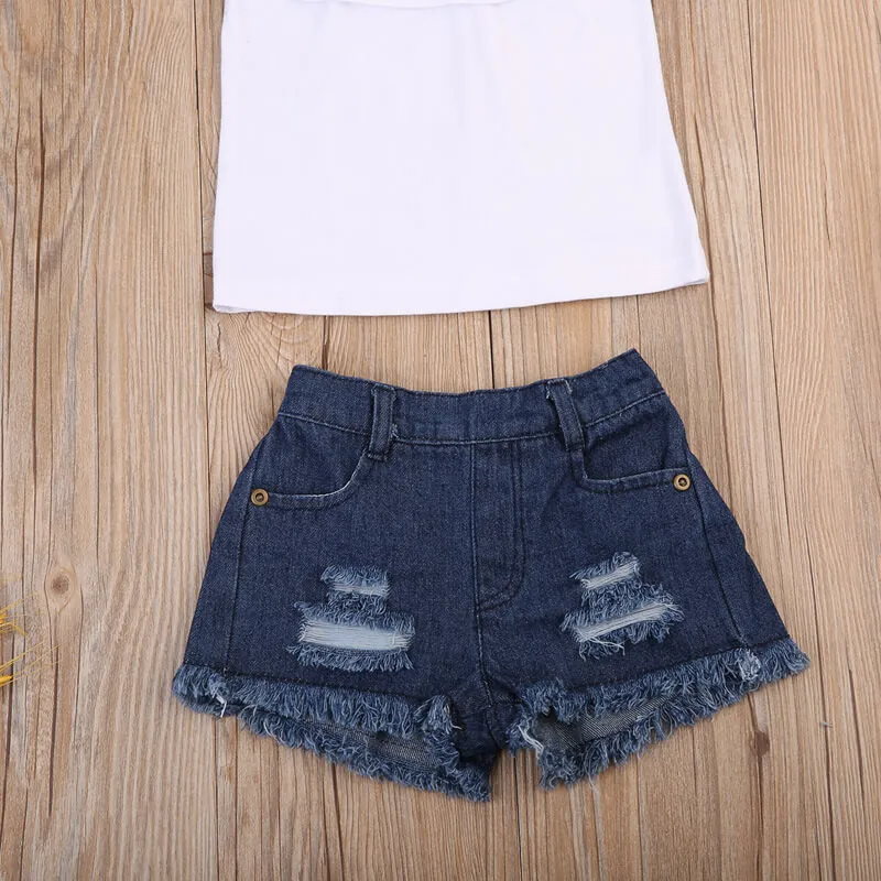 Girls Fashion Flower Pattern Ruffled Design Tops And Denim Shorts Set