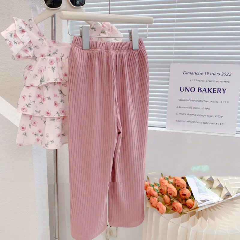 Children Kids Baby Fashion Girls Casual Ruffle Sleeve Flower Print Top And Wide-Leg Pants 2pcs Set