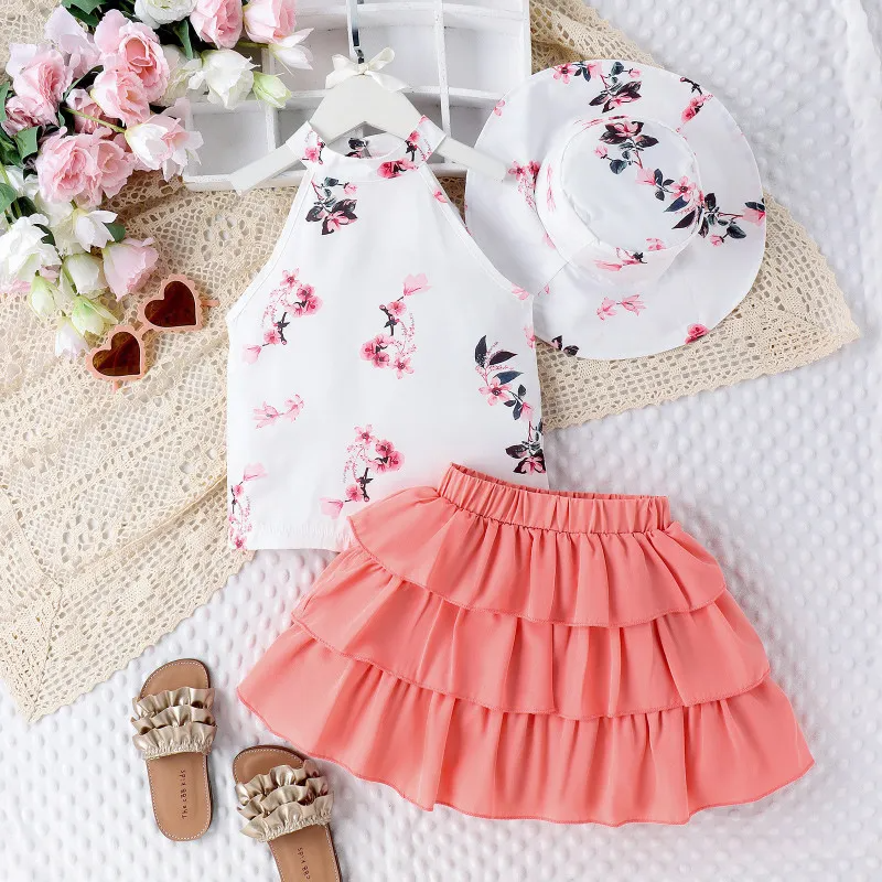 Kids Toddler Girls Casual Cute Floral Print Sleeveless Halter Neck Top Skirt Set