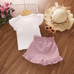 Children Kids Baby Fashion Ruffle Sleeve Heart Top And Pink Shorts 2pcs Set