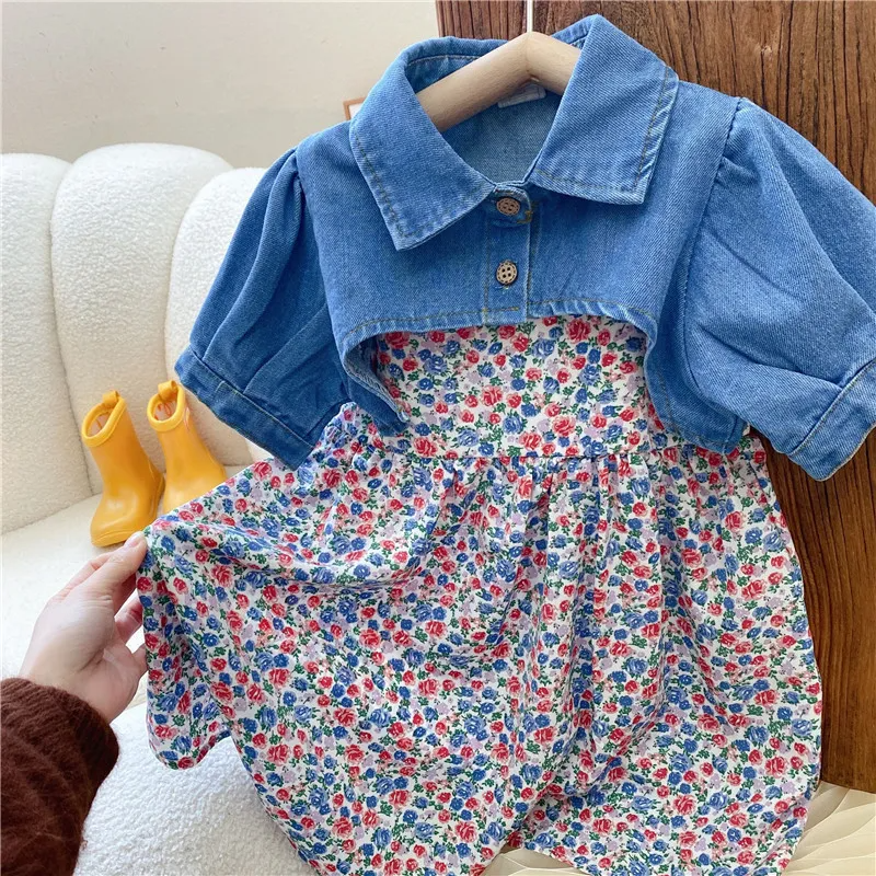 Children Kids Baby Fashion Girls Casual Short Sleeve Denim Top And Flower Suspender Dress 2pcs Set