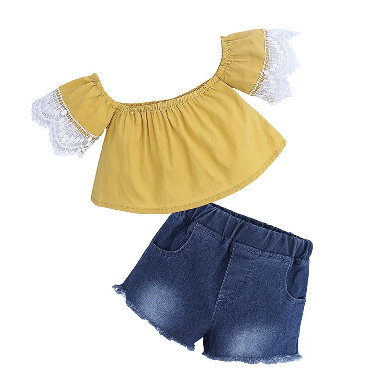 Children Kids Baby Fashion Girls Casual Off-The-Shoulder Top And Denim Shorts 2pcs Set