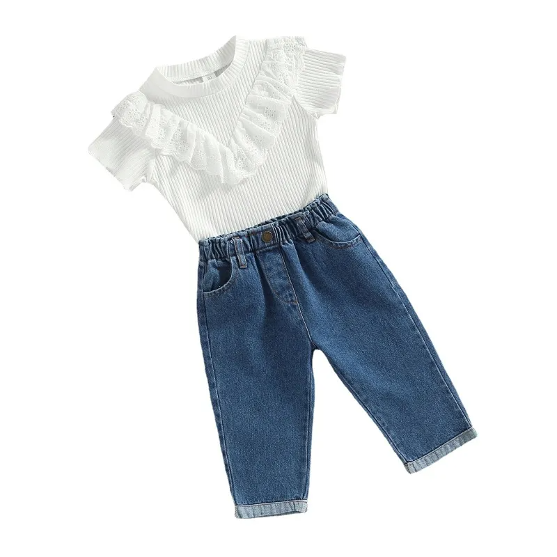 Children Kids Toddlers Fashion Girls Short Sleeve Solid Color Pit Strip T-Shirt And Denim Pants 2pcs Set