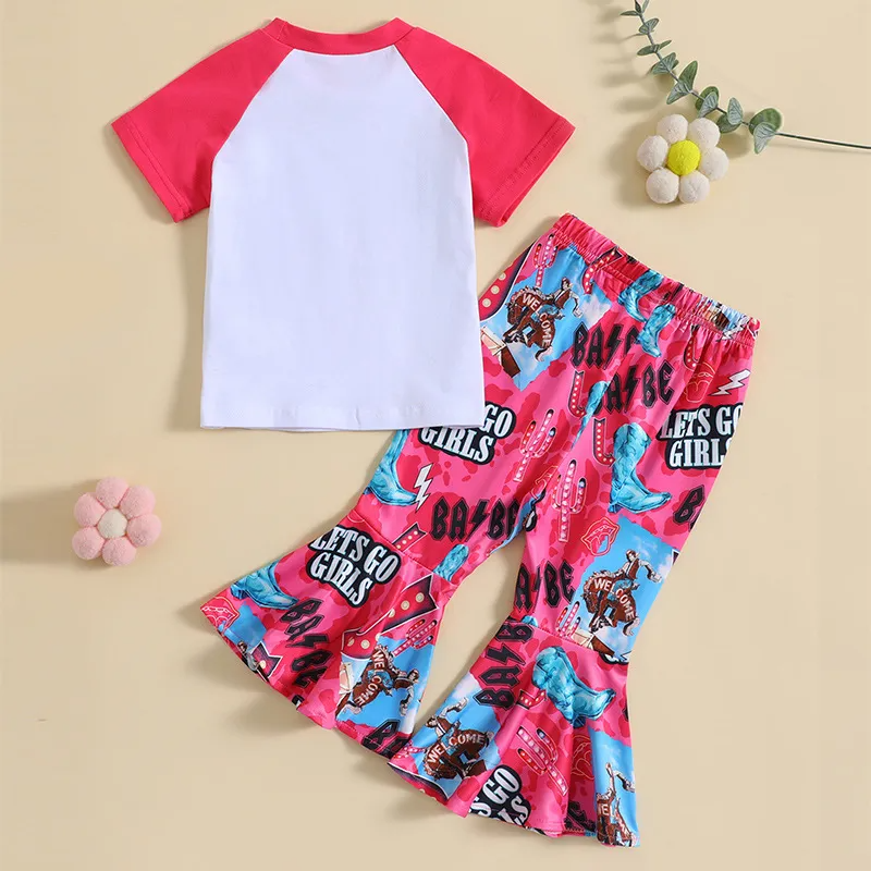 Kids Toddler Girls Summer Fashion Casual Cotton Letter Color Matching Round Neck Short Sleeve Flare Trousers Set